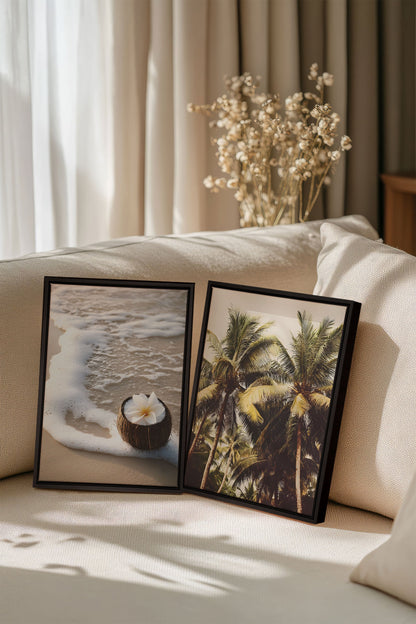 OLEKA CANVAS - DUO SABLE &amp; COCO, 2 Oeuvres sur toile étirée, encadré Noir