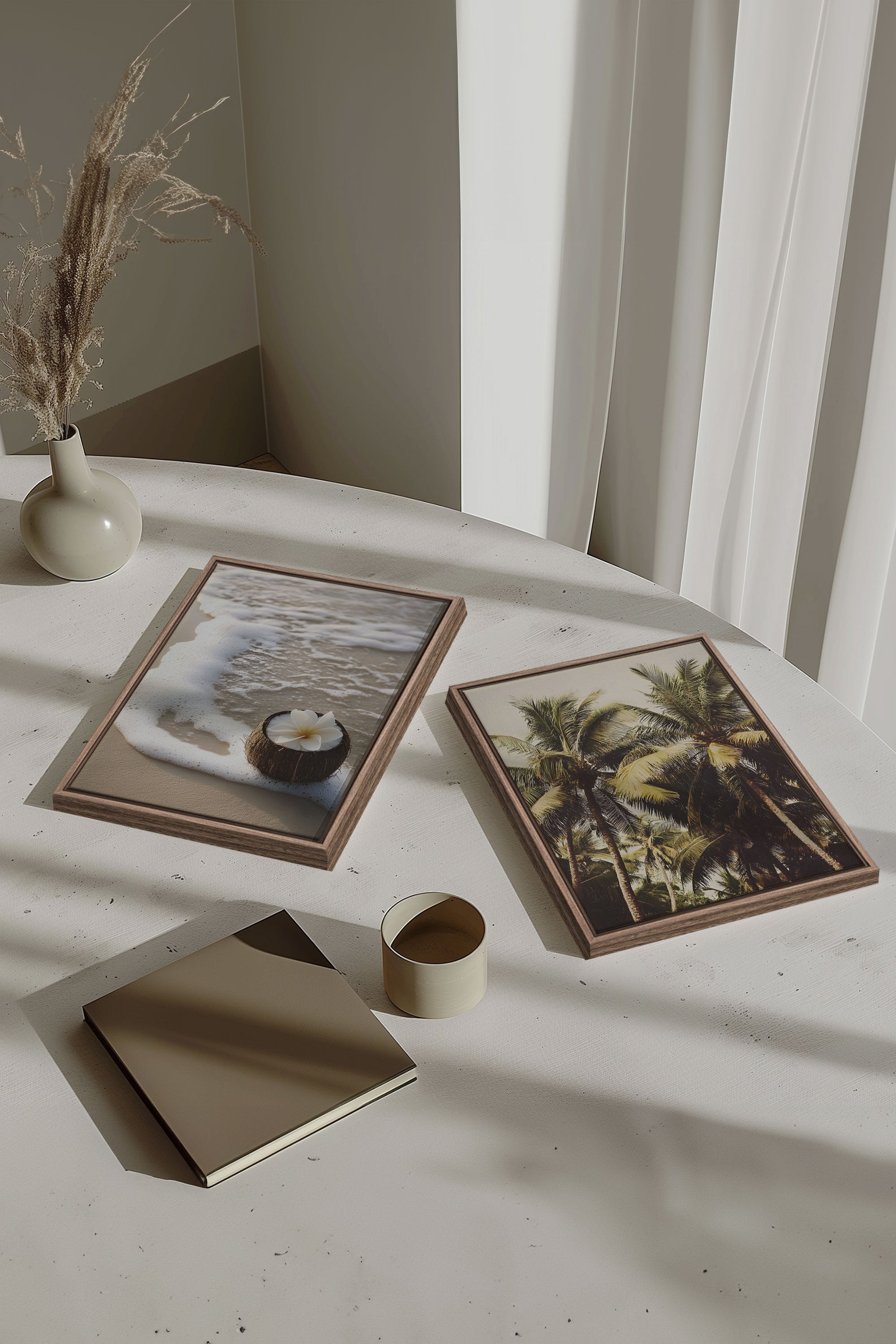 OLEKA CANVAS - DUO SABLE &amp; COCO, 2 Oeuvres sur toile étirée, encadré Brun Chêne