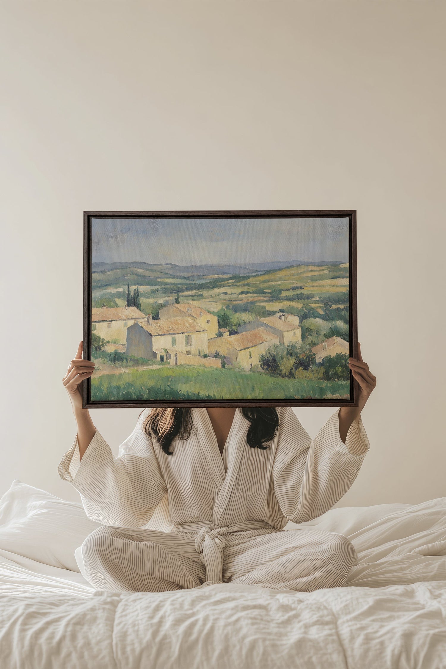 OLEKA CANVAS - VILLAGE IN BLOOM, Oeuvre sur toile étirée, encadré Brun Noyer