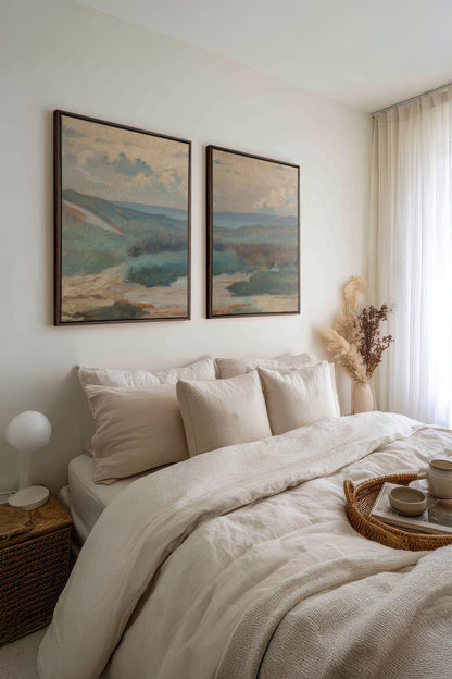 DUO RIVES DE SABLE, 2 Works on stretched canvas, framed Walnut Brown