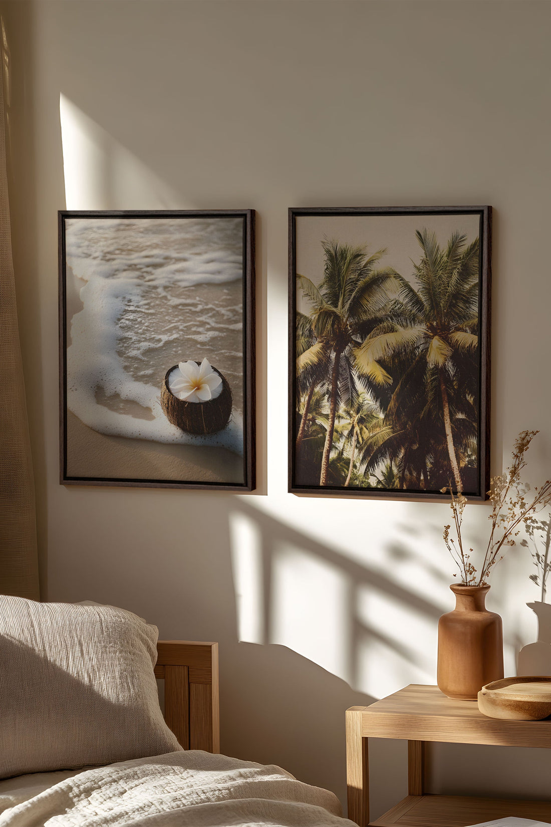 OLEKA CANVAS - DUO SABLE &amp; COCO, 2 Oeuvres sur toile étirée, encadré Brun Noyer