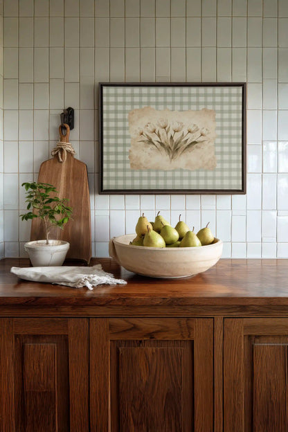 SAGE GINGHAM, Oeuvre sur toile étirée, encadré Brun Noyer