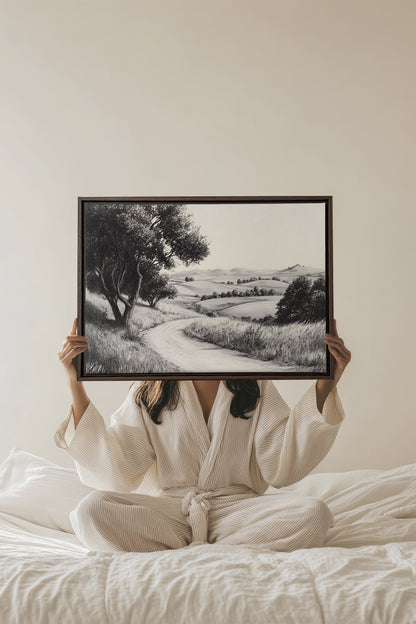 OLEKA CANVAS - DOUCEUR DES COLLINES, Oeuvre sur toile étirée, encadré Brun Noyer