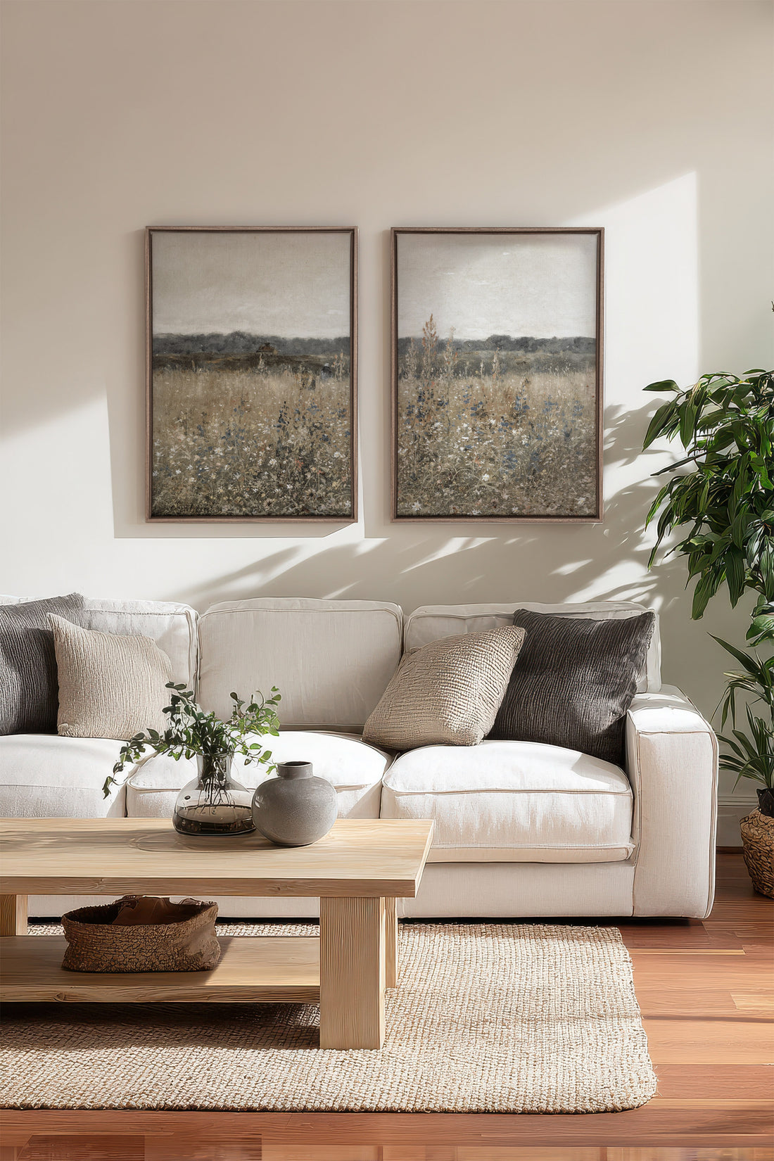 FADED FLORALS DUO, 2 Works on stretched canvas, framed Oak Brown