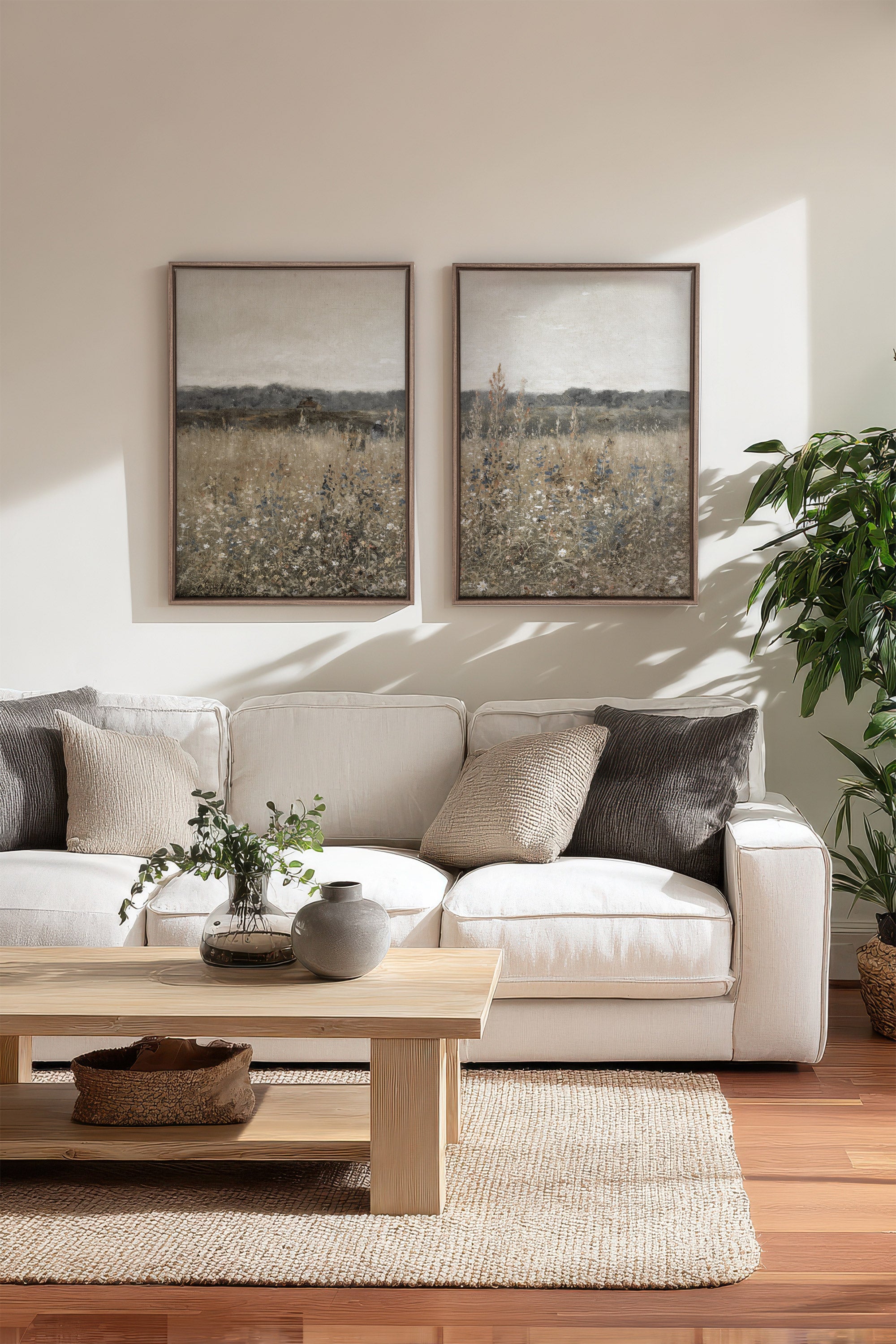 FADED FLORALS DUO, 2 Works on stretched canvas, framed Oak Brown