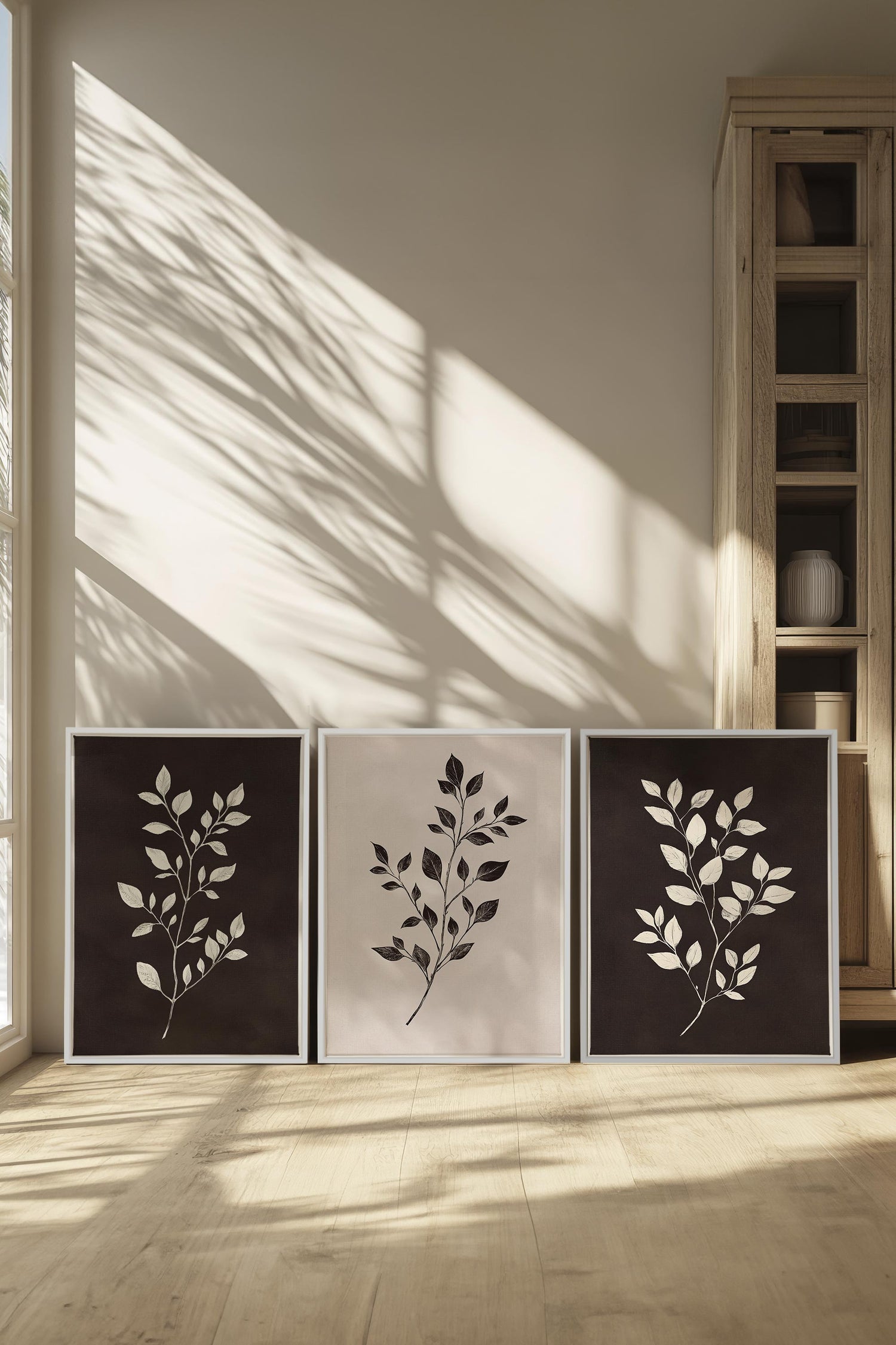 OLEKA CANVAS - TRIO FEUILLAGE BRUN, 3 Oeuvres sur toile étirée, encadré Blanc