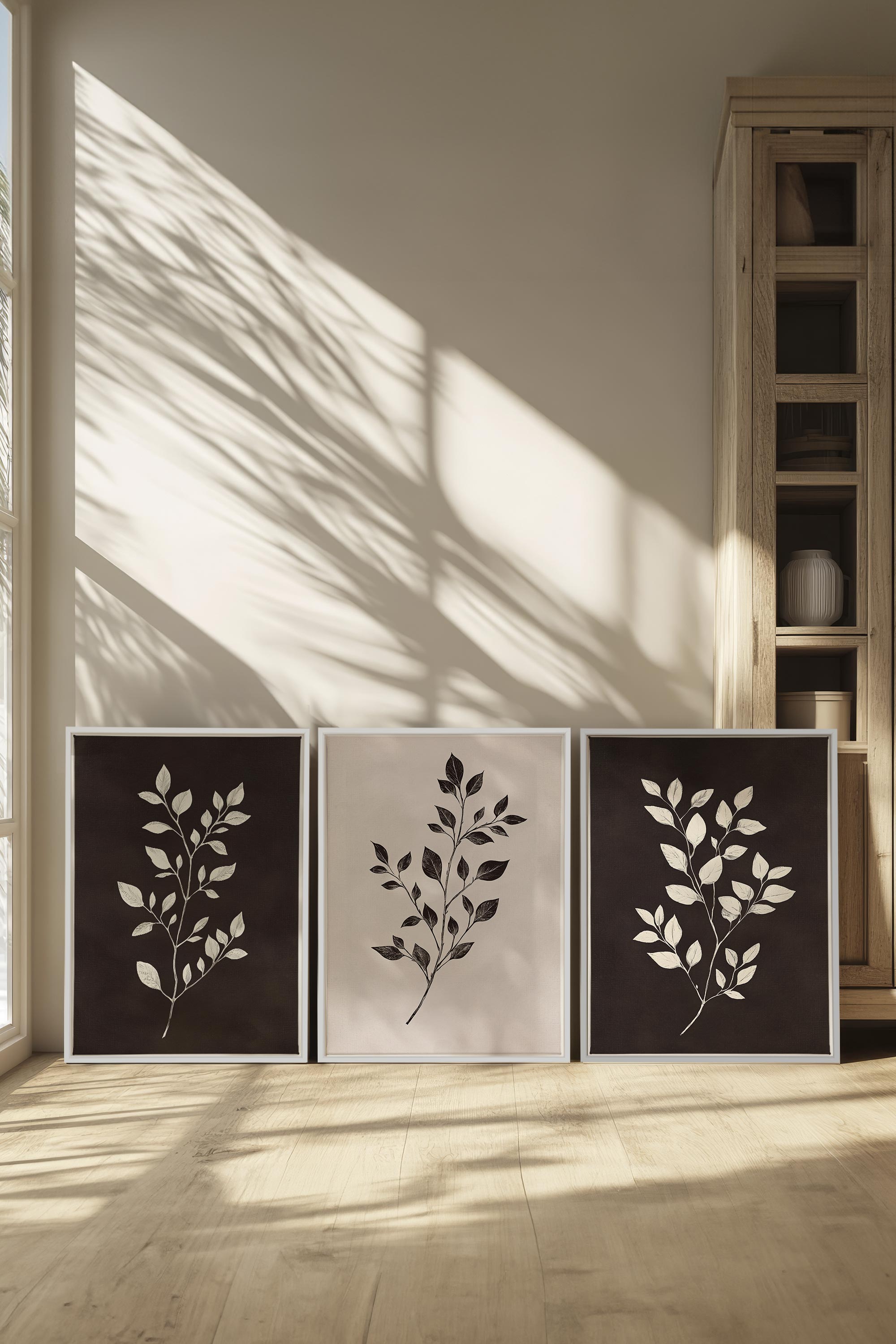 OLEKA CANVAS - TRIO FEUILLAGE BRUN, 3 Oeuvres sur toile étirée, encadré Blanc