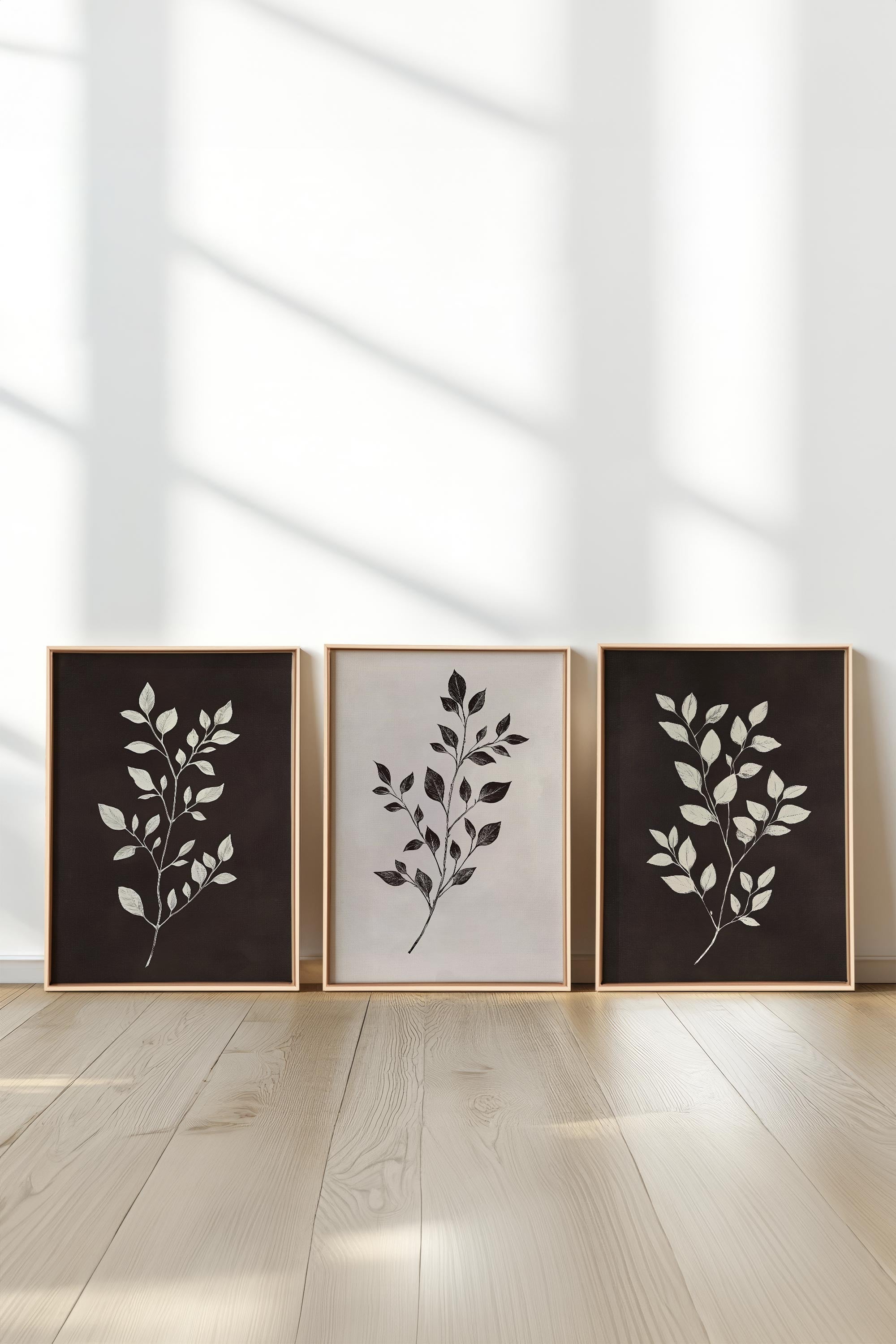 OLEKA CANVAS - TRIO FEUILLAGE BRUN, 3 Oeuvres sur toile étirée, encadré Naturel Clair