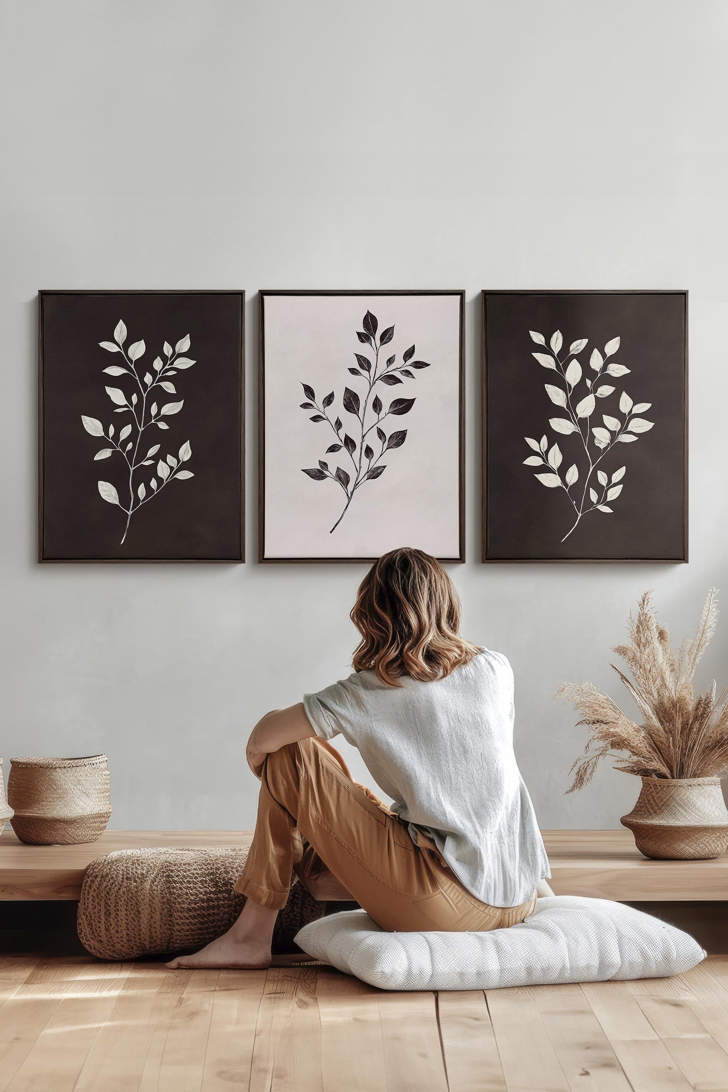 OLEKA CANVAS - TRIO FEUILLAGE BRUN, 3 Oeuvres sur toile étirée, encadré Brun Noyer