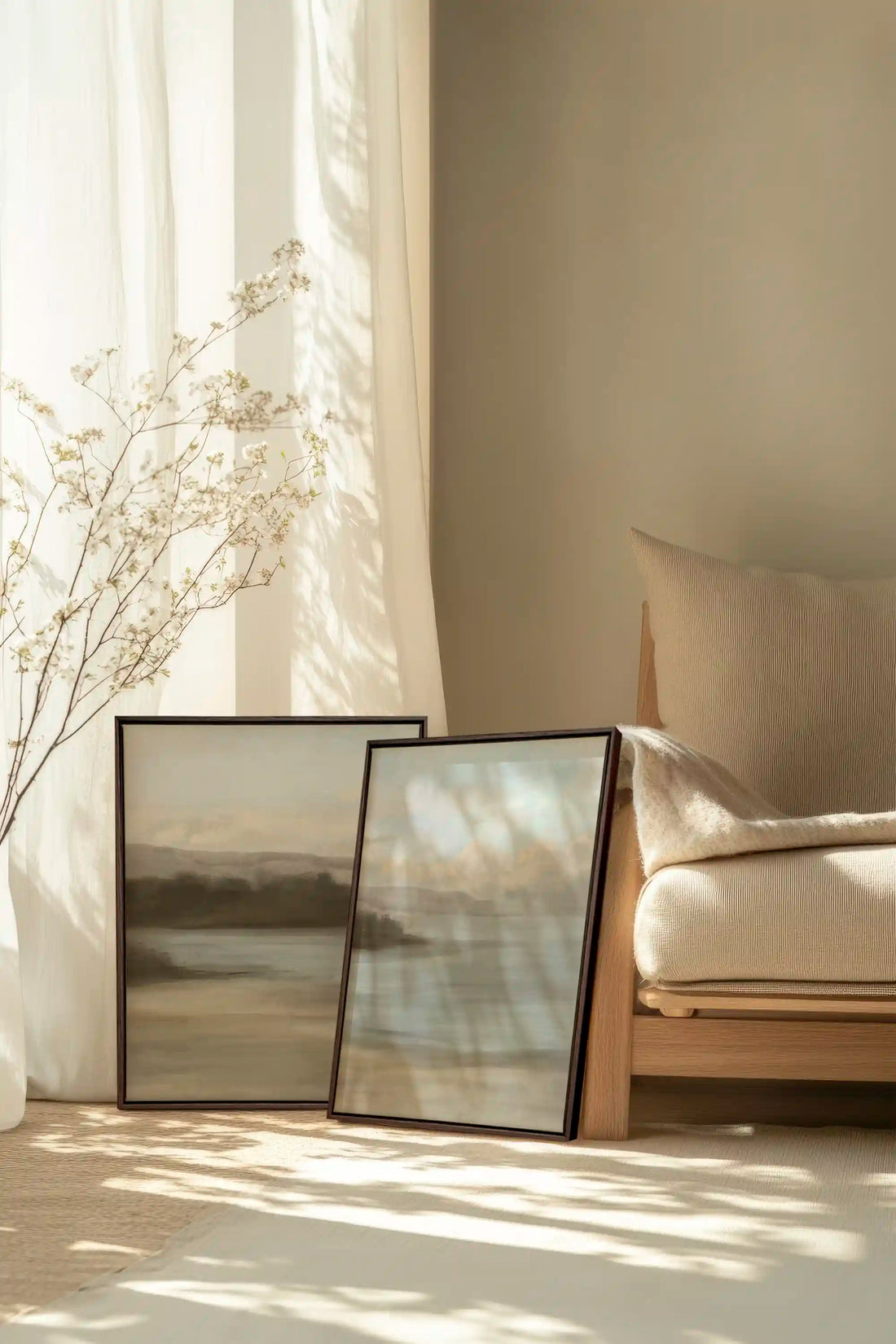 DUO VOILE DE RIVAGE, 2 Oeuvres sur toile étirée, encadré Brun Noyer