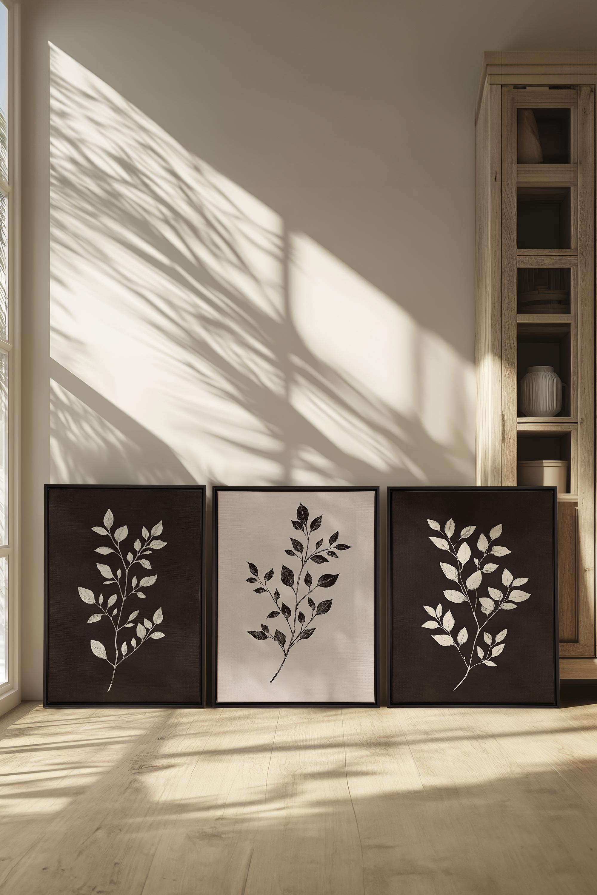 OLEKA CANVAS - TRIO FEUILLAGE BRUN, 3 Oeuvres sur toile étirée, encadré Noir