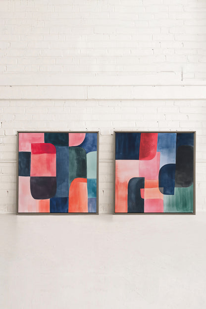 DUO ÉCLATS COLORÉS, 2 Oeuvres sur toile étirée, encadré Brun Chêne