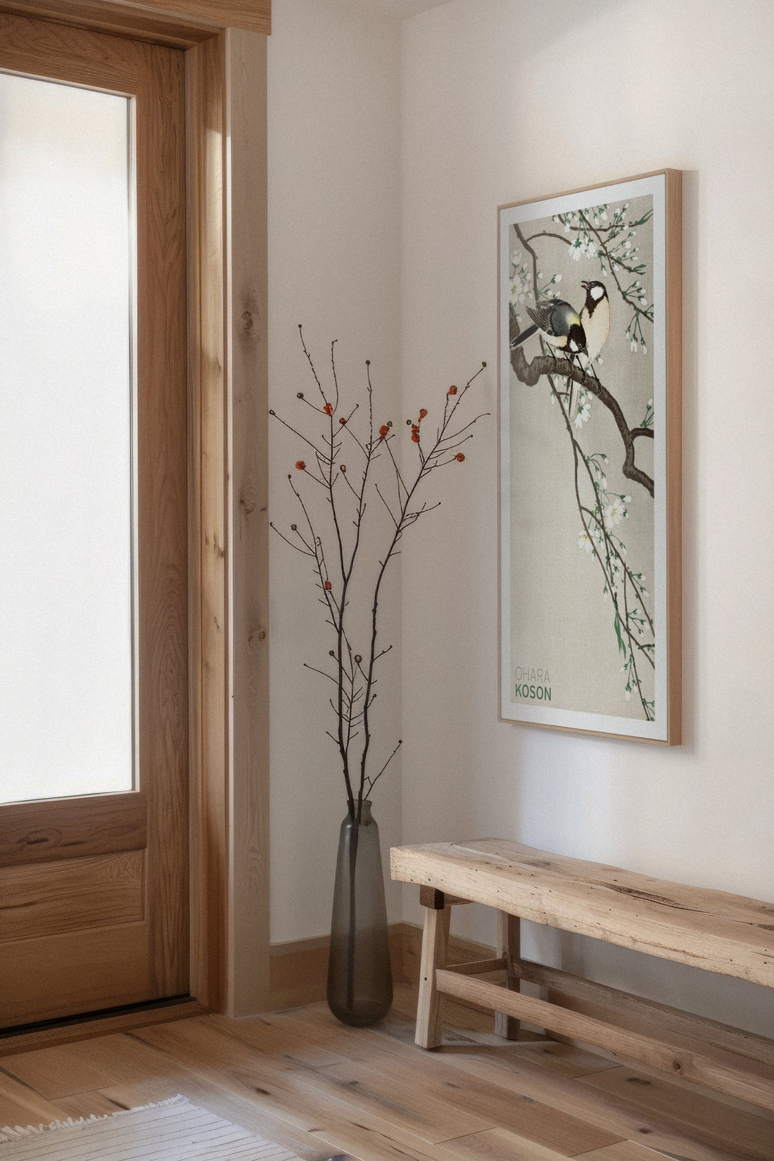 OLEKA CANVAS - PARIDÉS SUR BRANCHE DE CERISIERS, Oeuvre sur toile étirée, encadré Naturel Clair