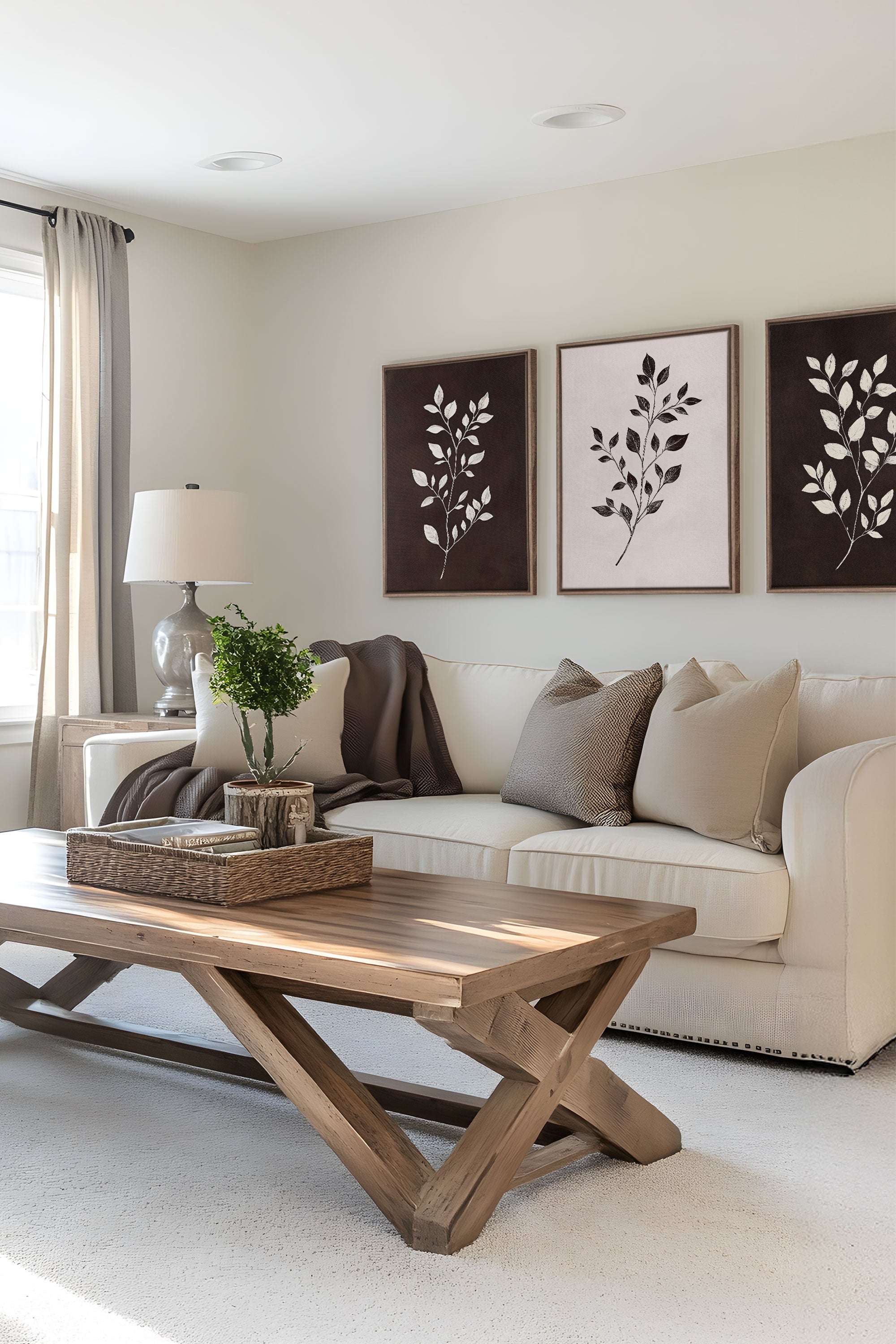 OLEKA CANVAS - TRIO FEUILLAGE BRUN, 3 Oeuvres sur toile étirée, encadré Brun Chêne