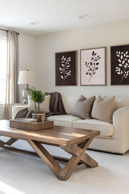 OLEKA CANVAS - TRIO FEUILLAGE BRUN, 3 Oeuvres sur toile étirée, encadré Brun Chêne