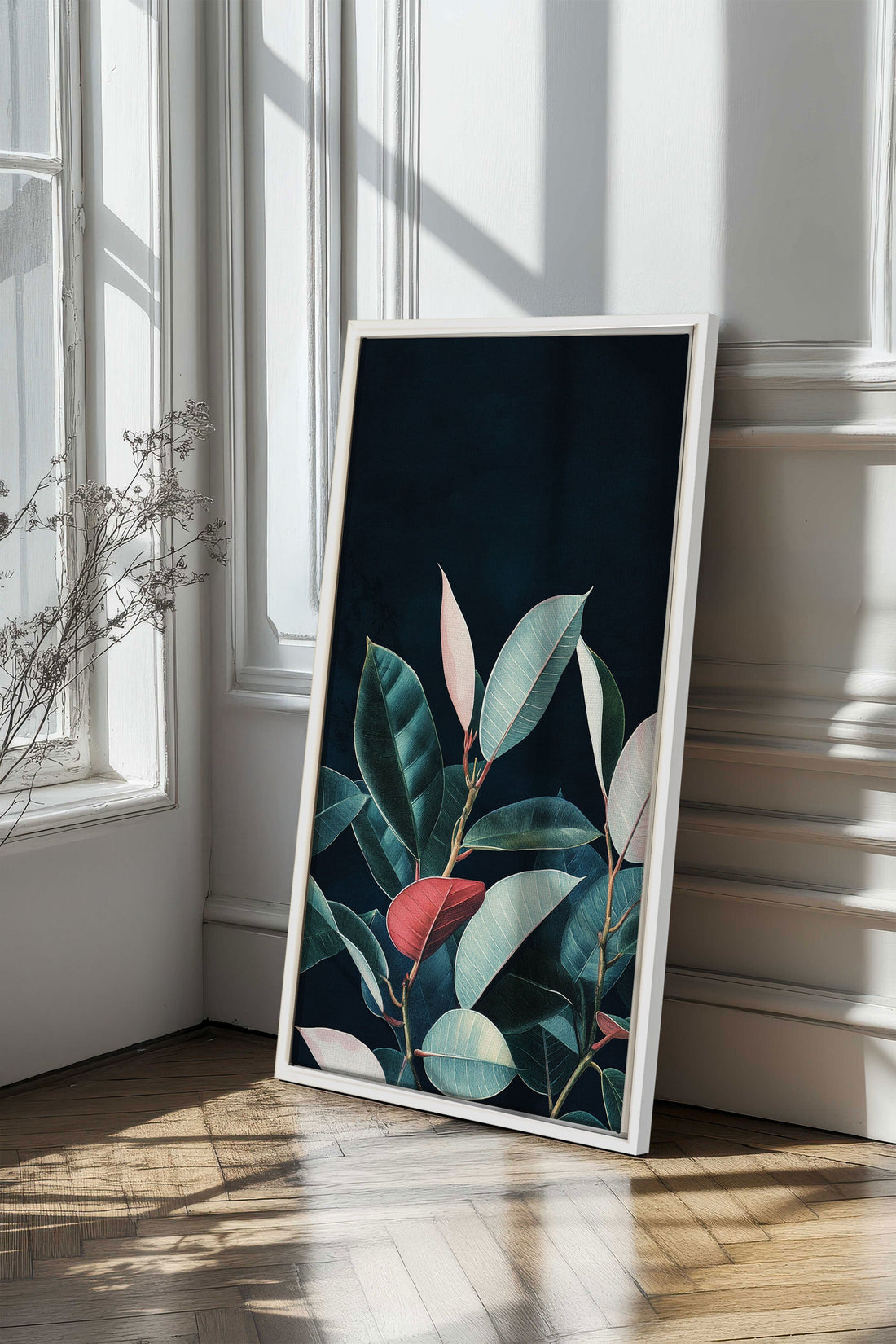 OLEKA CANVAS - FEUILLAGE NOCTURNE, Oeuvre sur toile étirée, encadré Blanc