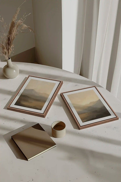 VEILED PEAKS DUO, 2 Works on stretched canvas, framed Oak Brown