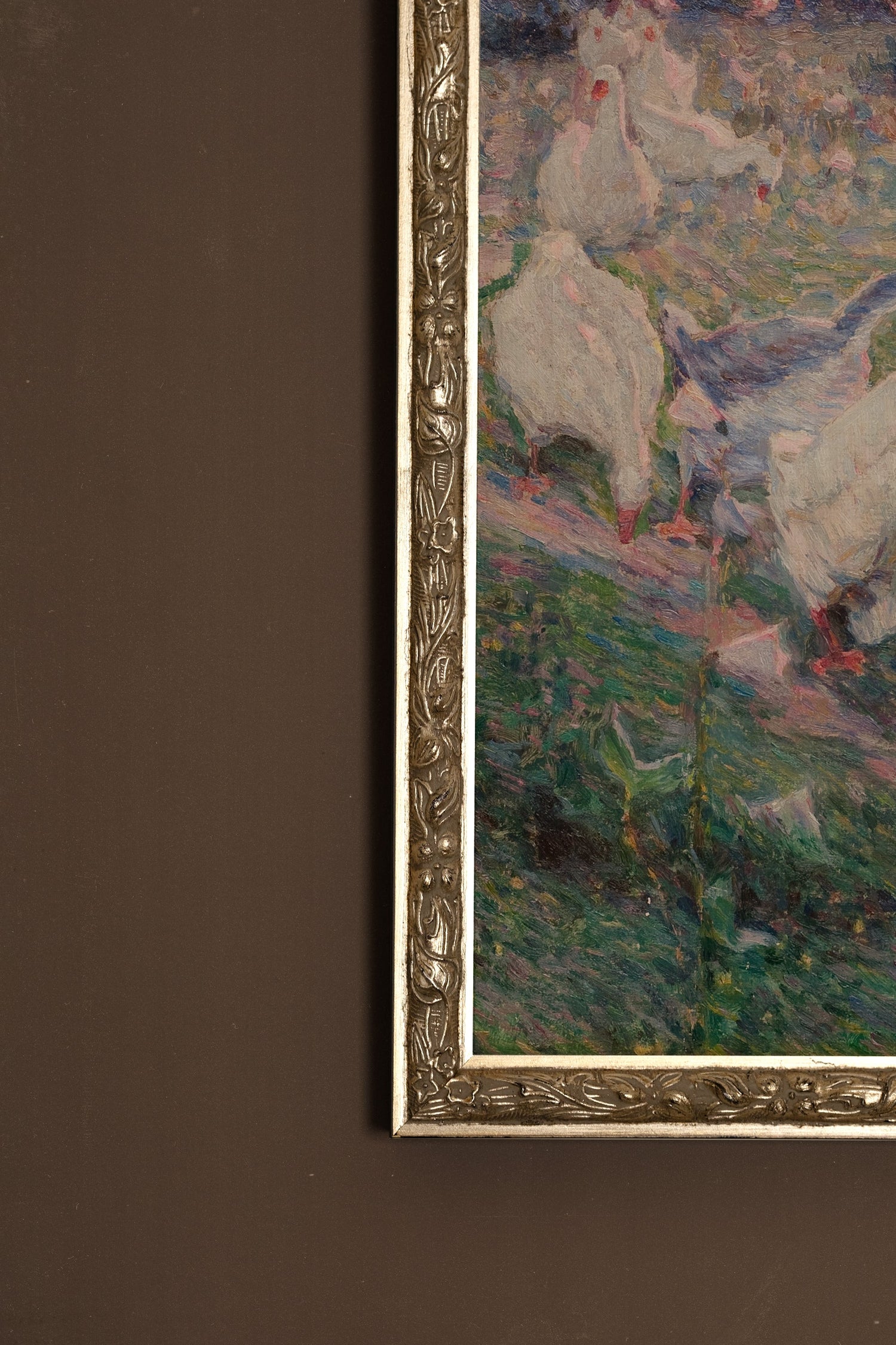 PLUMES AU VENT, Artwork on rigid canvas, framed Vintage Silver