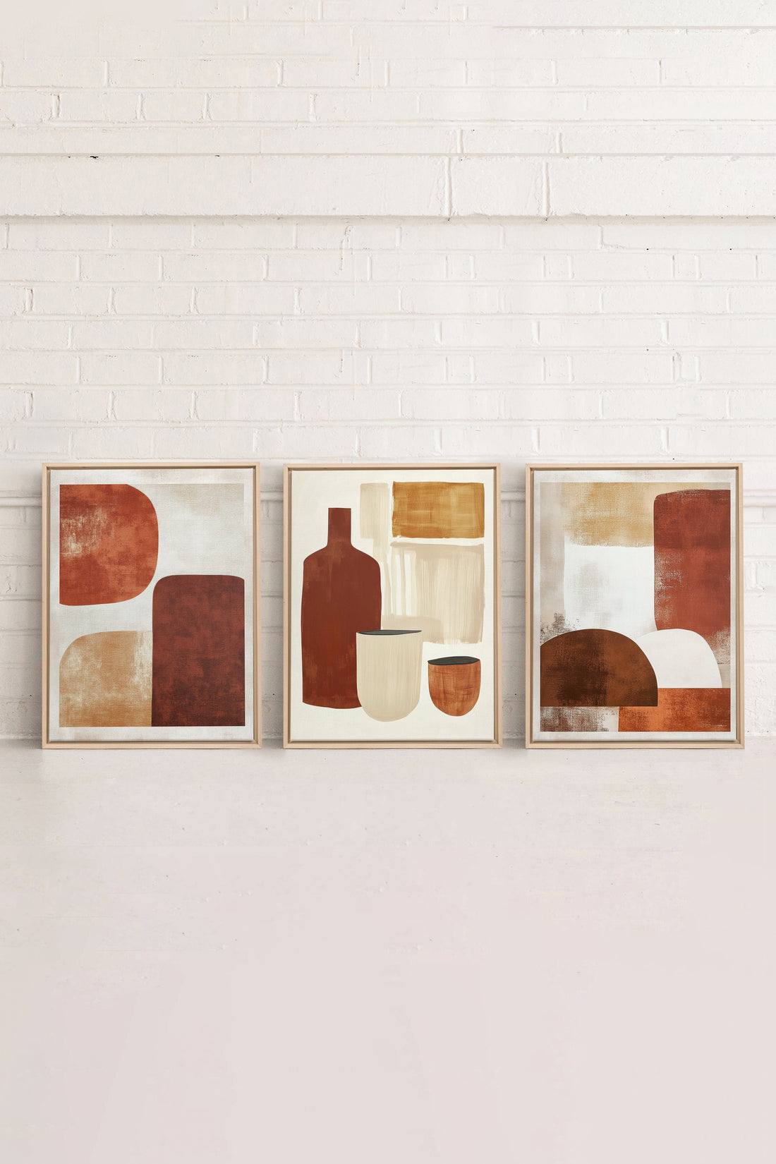 OLEKA CANVAS - EARTHLY CRAFT TRIO, 3 Oeuvres sur toile étirée, encadré Naturel Clair