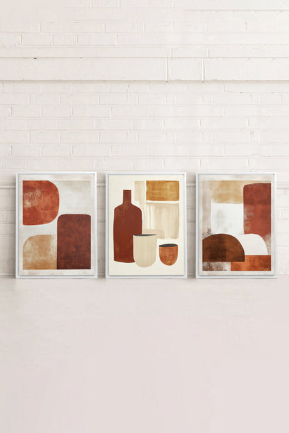 OLEKA CANVAS - EARTHLY CRAFT TRIO, 3 Oeuvres sur toile étirée, encadré Blanc