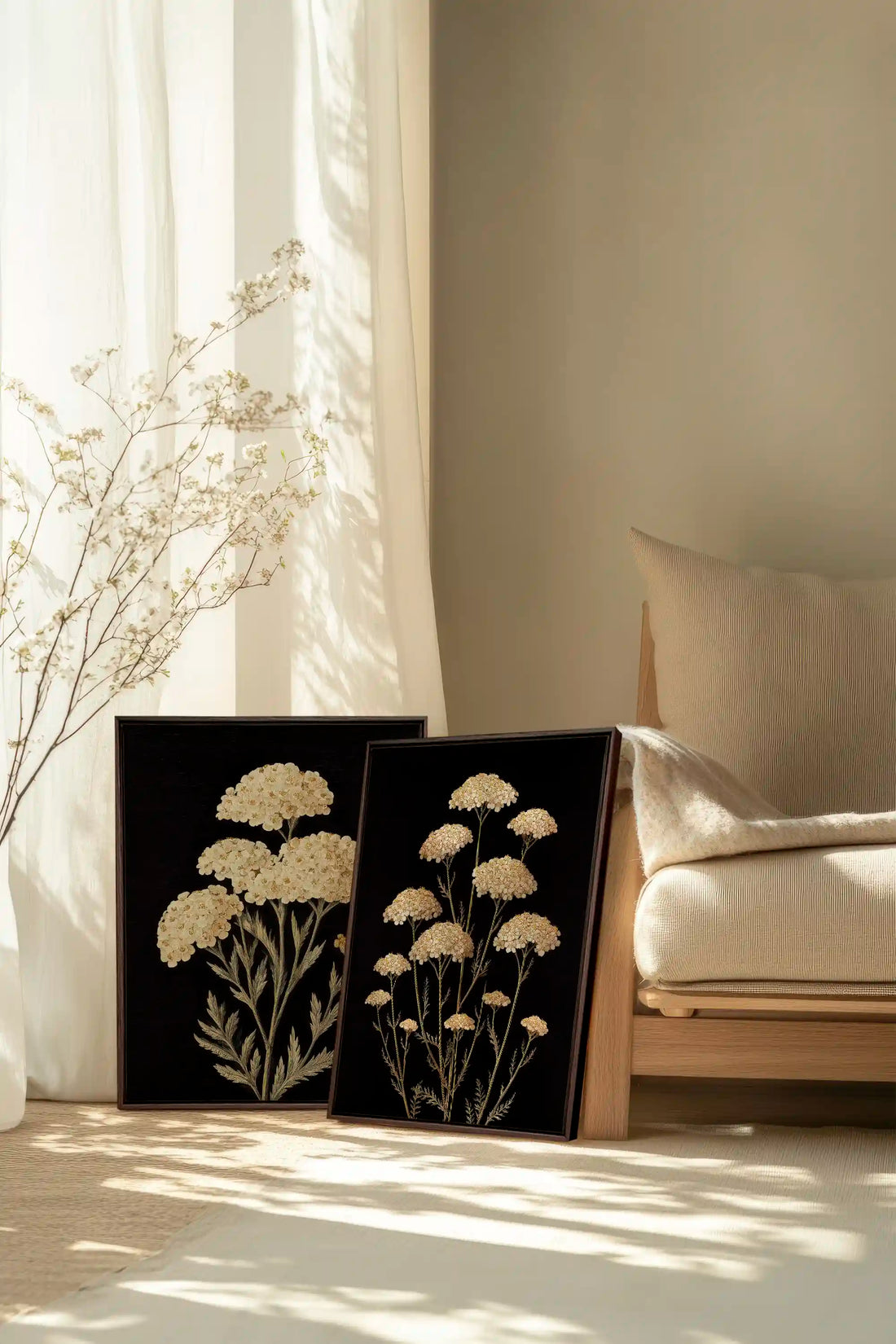 DUO SATINS DES CHAMPS, 2 Oeuvres sur toile étirée, encadré Brun Noyer