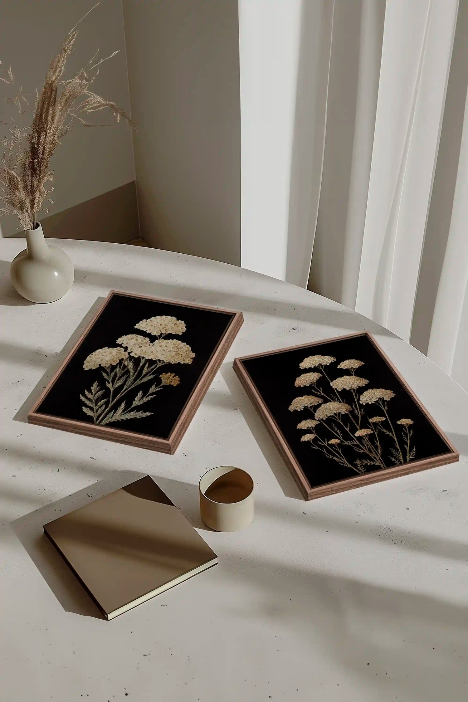 DUO SATINS DES CHAMPS, 2 Works on stretched canvas, framed Oak Brown