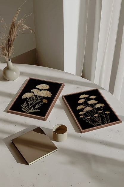 DUO SATINS DES CHAMPS, 2 Works on stretched canvas, framed Oak Brown