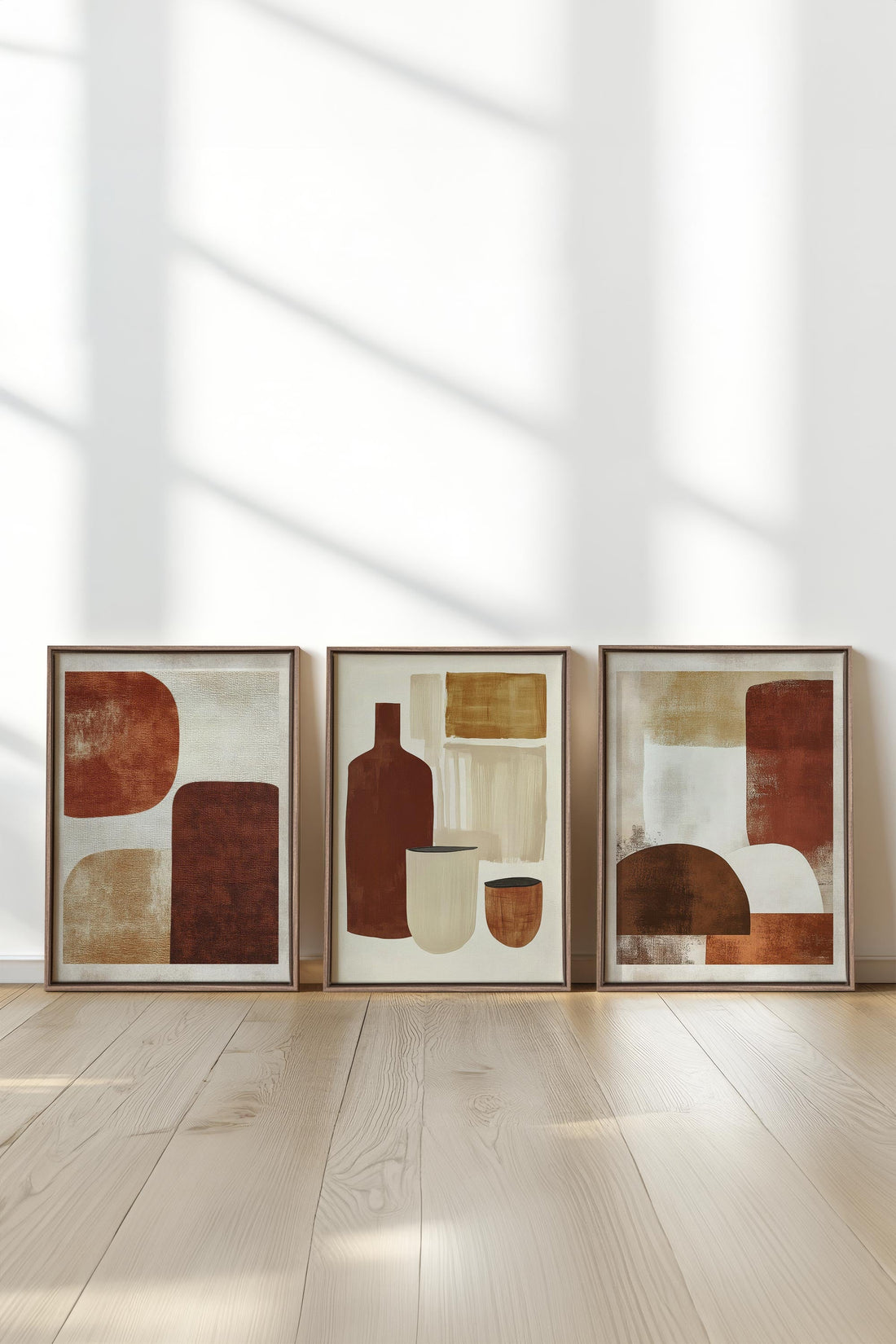 OLEKA CANVAS - EARTHLY CRAFT TRIO, 3 Oeuvres sur toile étirée, encadré Brun Chêne