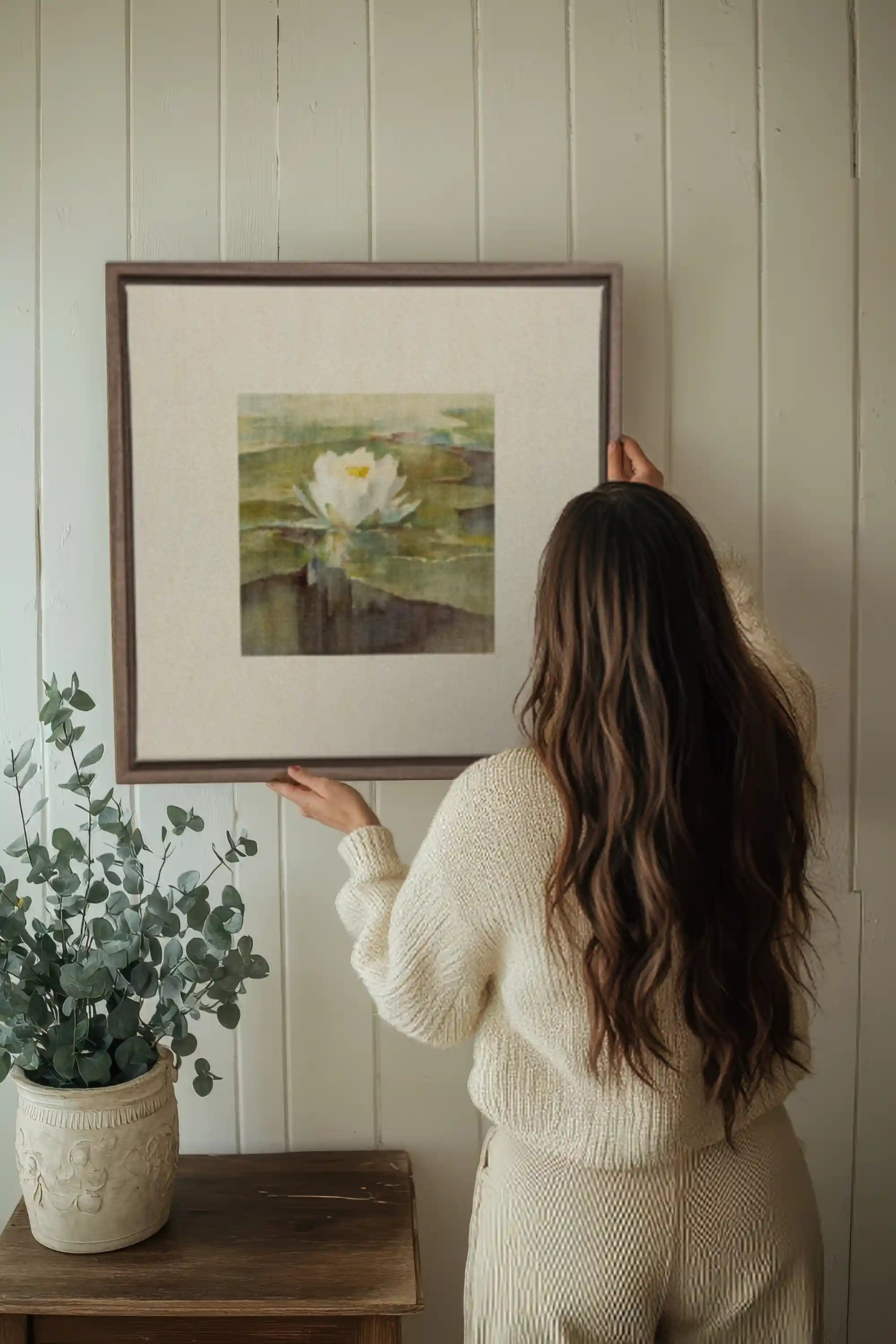 LOTUS DE LIN, Oeuvre sur toile étirée, encadré Brun Chêne