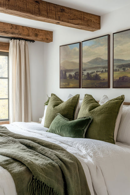 OLEKA CANVAS - TRIO DES SAISONS DOUCES, 3 Oeuvres sur toile étirée, encadré Brun Noyer