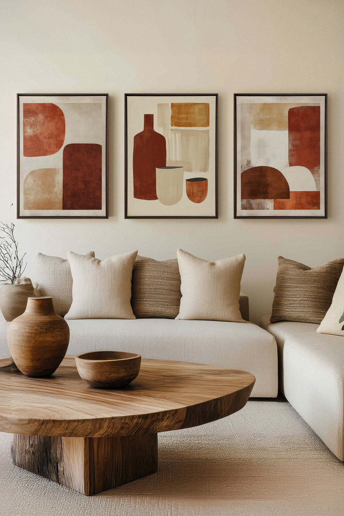 OLEKA CANVAS - EARTHLY CRAFT TRIO, 3 Oeuvres sur toile étirée, encadré Brun Noyer