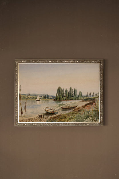 RIVES PAISIBLES, Oeuvre sur toile rigide, encadré Vintage Argent