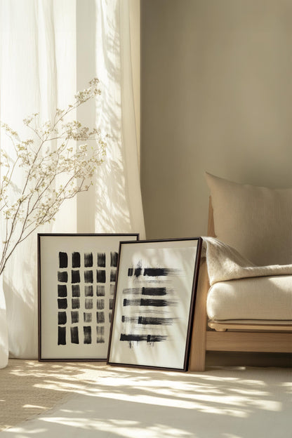 OLEKA CANVAS - LINEAR CONTRAST DUO, 2 Oeuvres sur toile étirée, encadré Brun Noyer