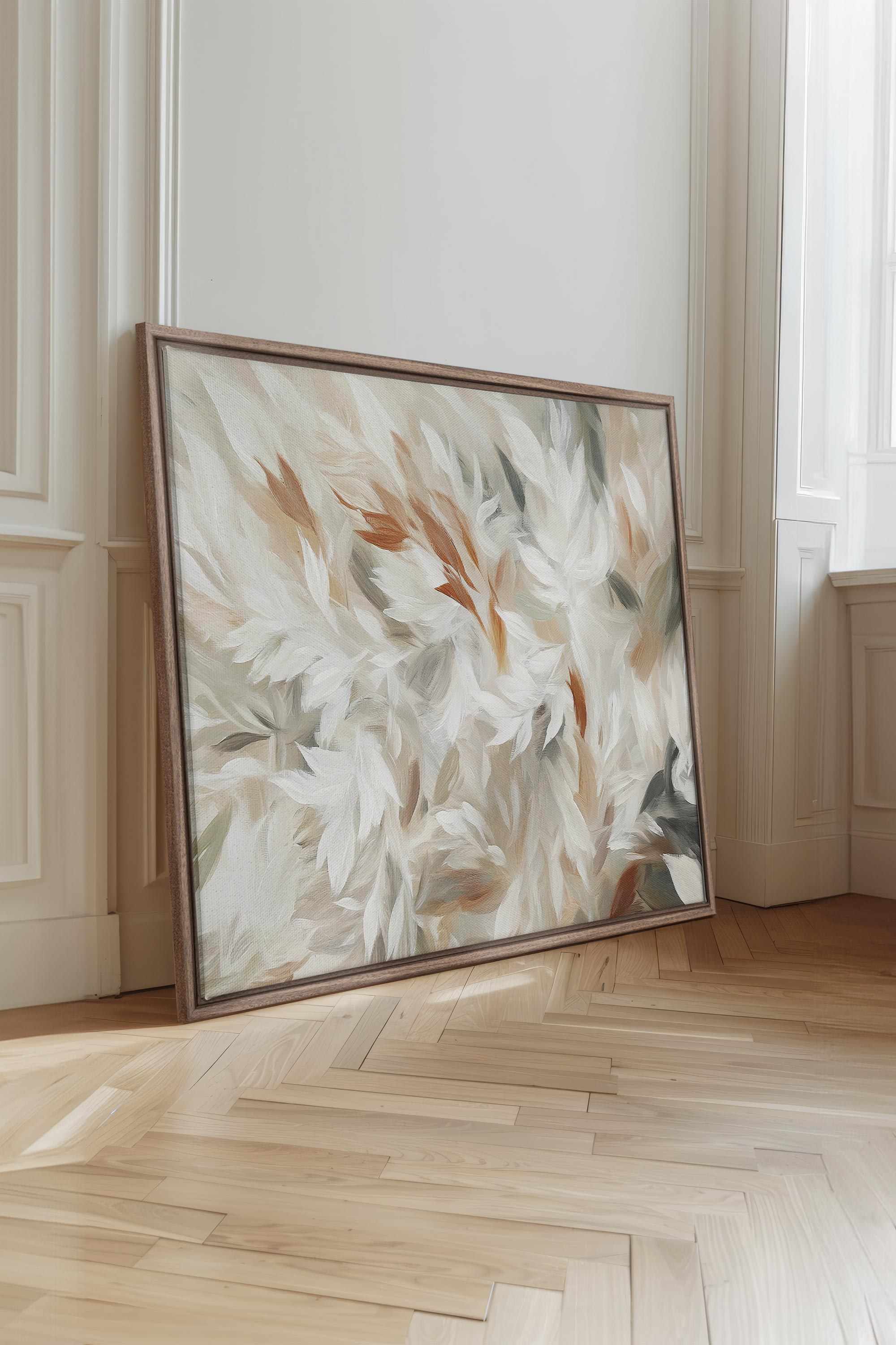 OLEKA CANVAS - SOUFFLE DE PLUMES, Oeuvre sur toile étirée, encadré Brun Chêne