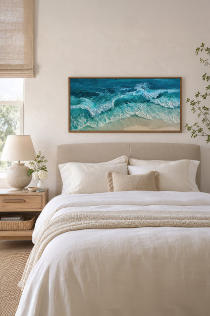 BLEU SALÉ, Oeuvre sur toile étirée, encadré Brun Chêne