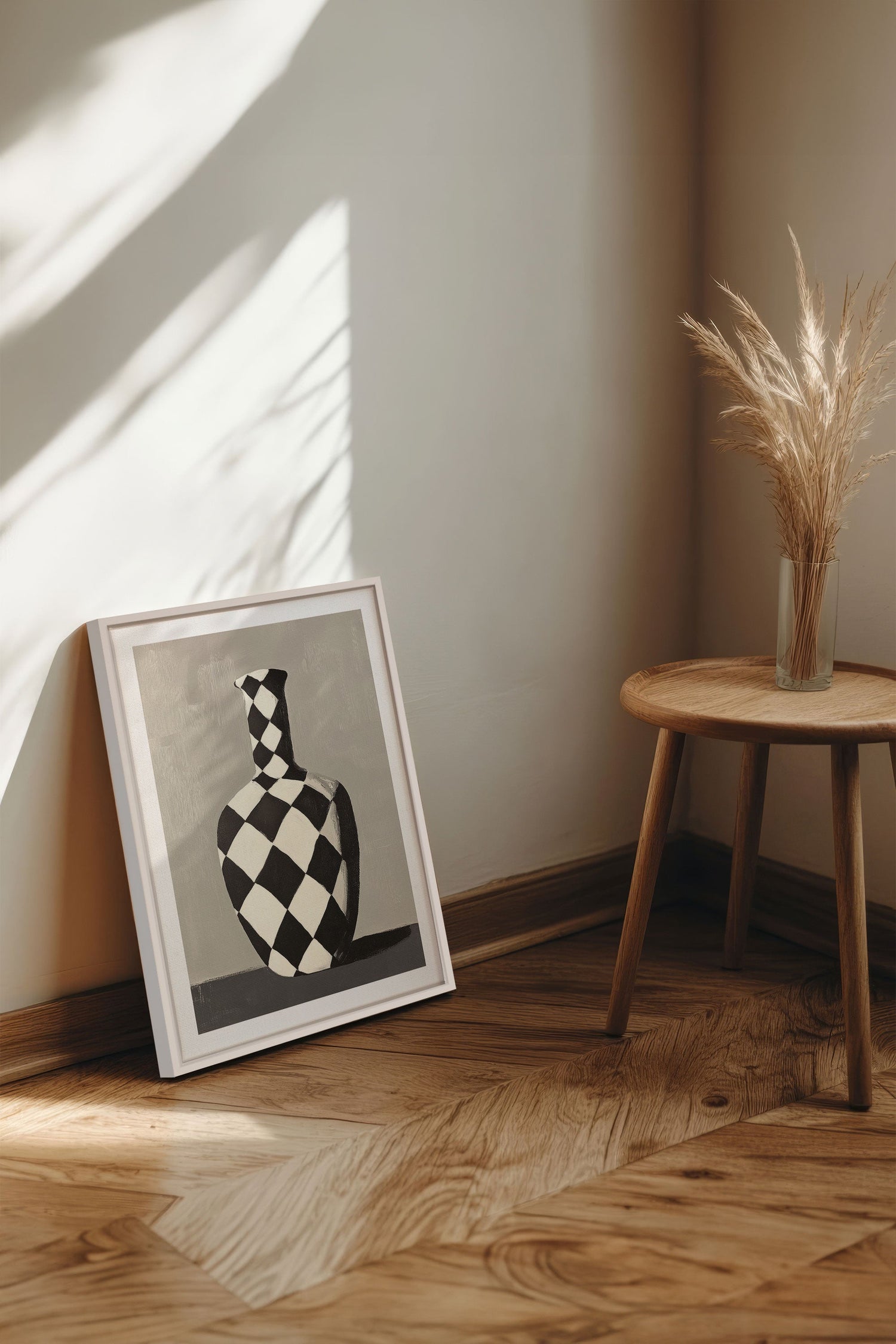 OLEKA CANVAS - VASE EN DAMIER, Oeuvre sur toile étirée, encadré Blanc