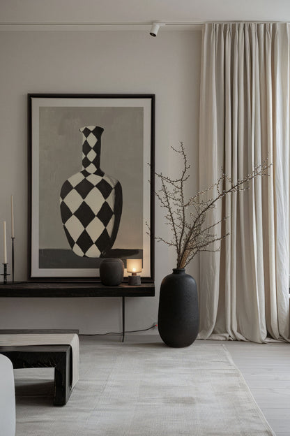 OLEKA CANVAS - VASE EN DAMIER, Oeuvre sur toile étirée, encadré Noir