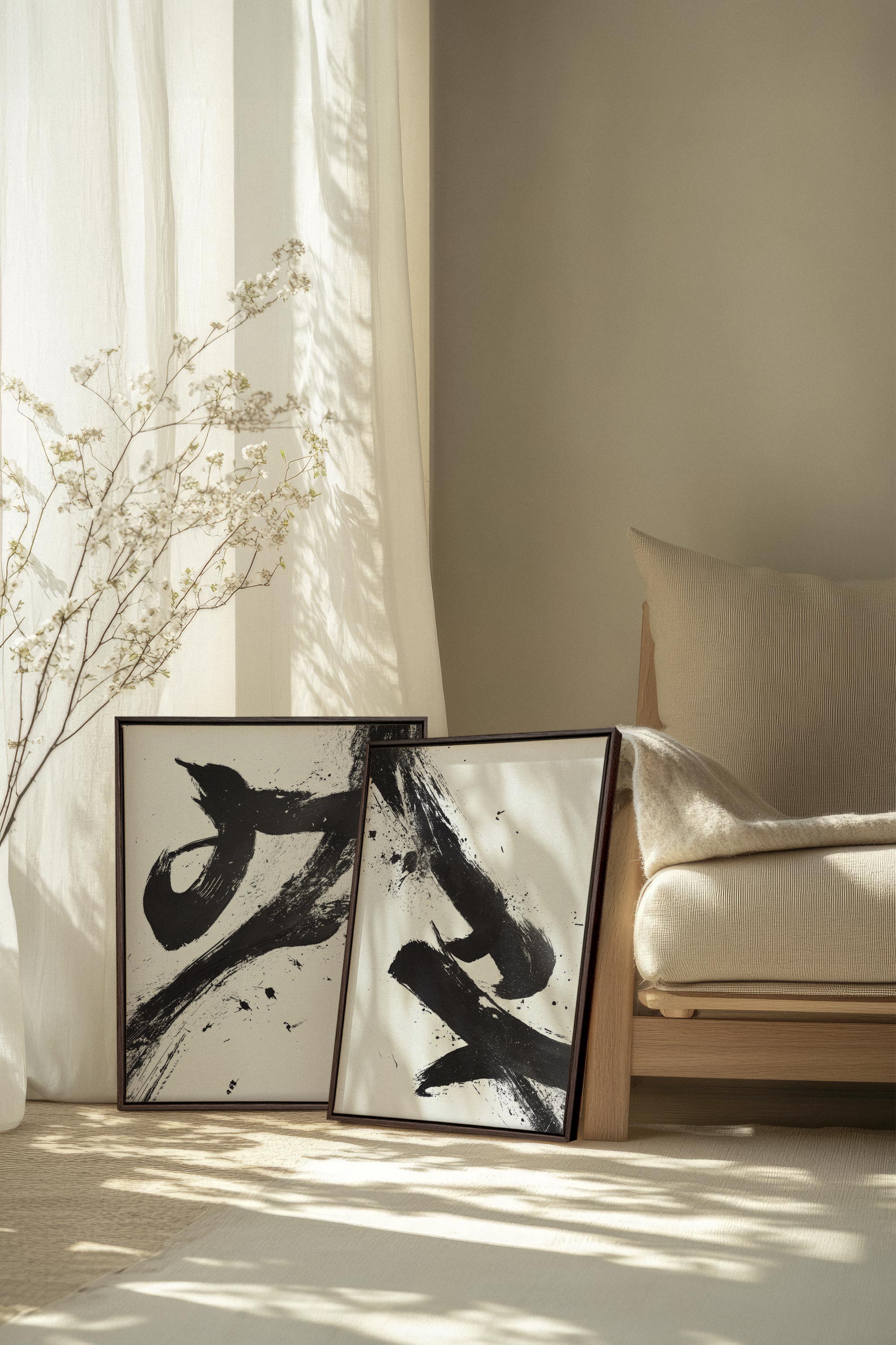 OLEKA CANVAS - SHARP SHADOWS, 2 Oeuvres sur toile étirée, encadré Brun Noyer