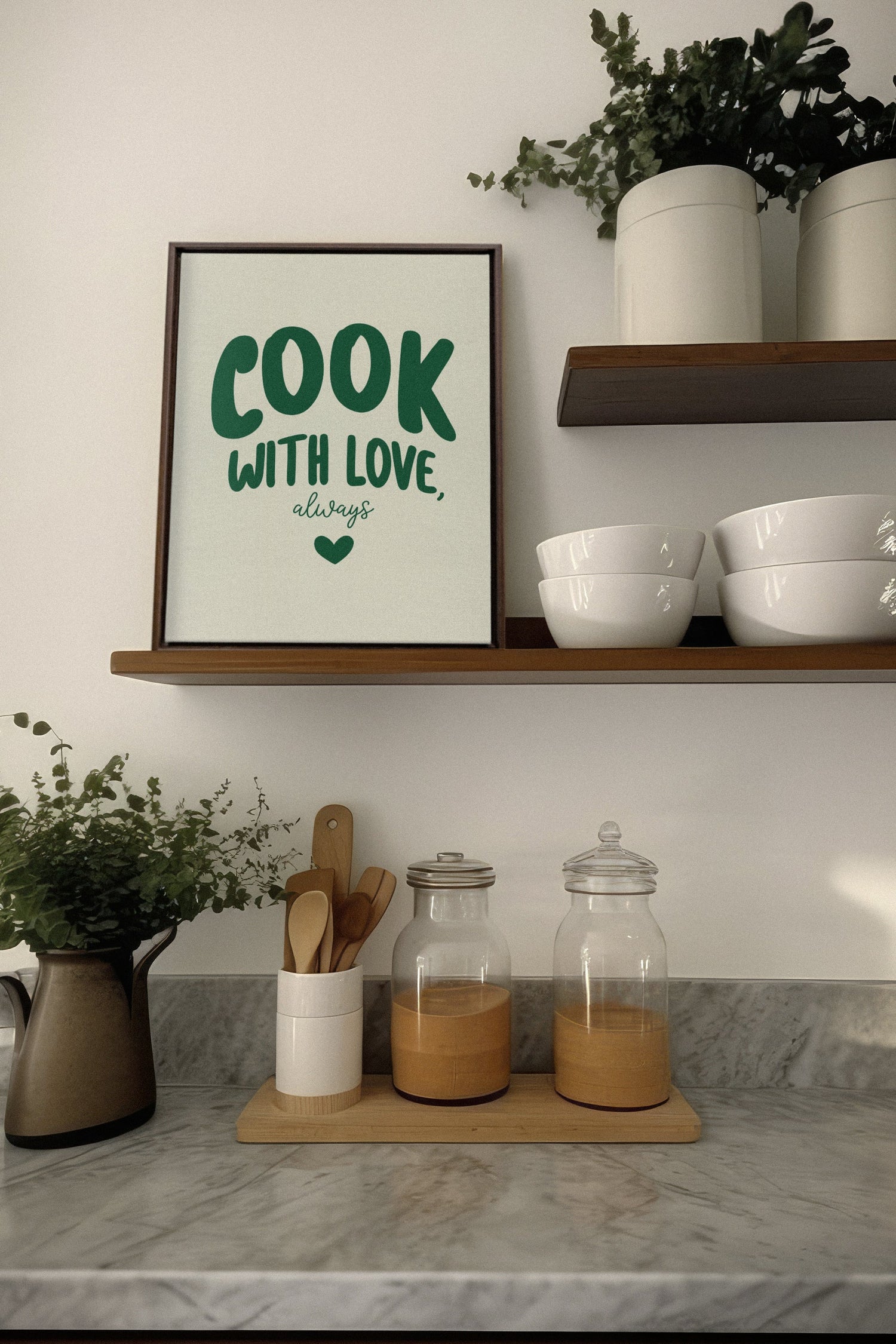 OLEKA CANVAS - COOK WITH LOVE, Oeuvre sur toile étirée, encadré Brun Noyer