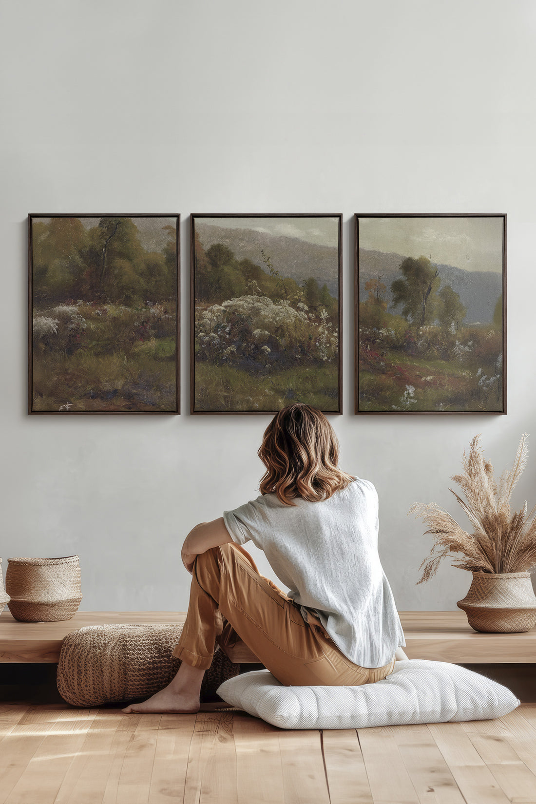 TRIO DOUCEURS CHAMPÊTRES, 3 Artworks on stretched canvas, framed in Walnut Brown