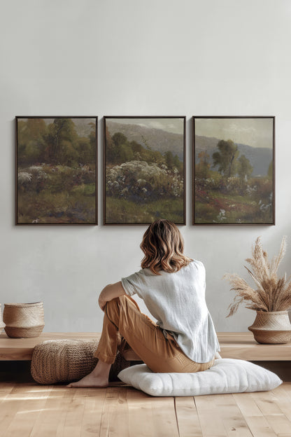 TRIO DOUCEURS CHAMPÊTRES, 3 Oeuvres sur toile étirée, encadré Brun Noyer