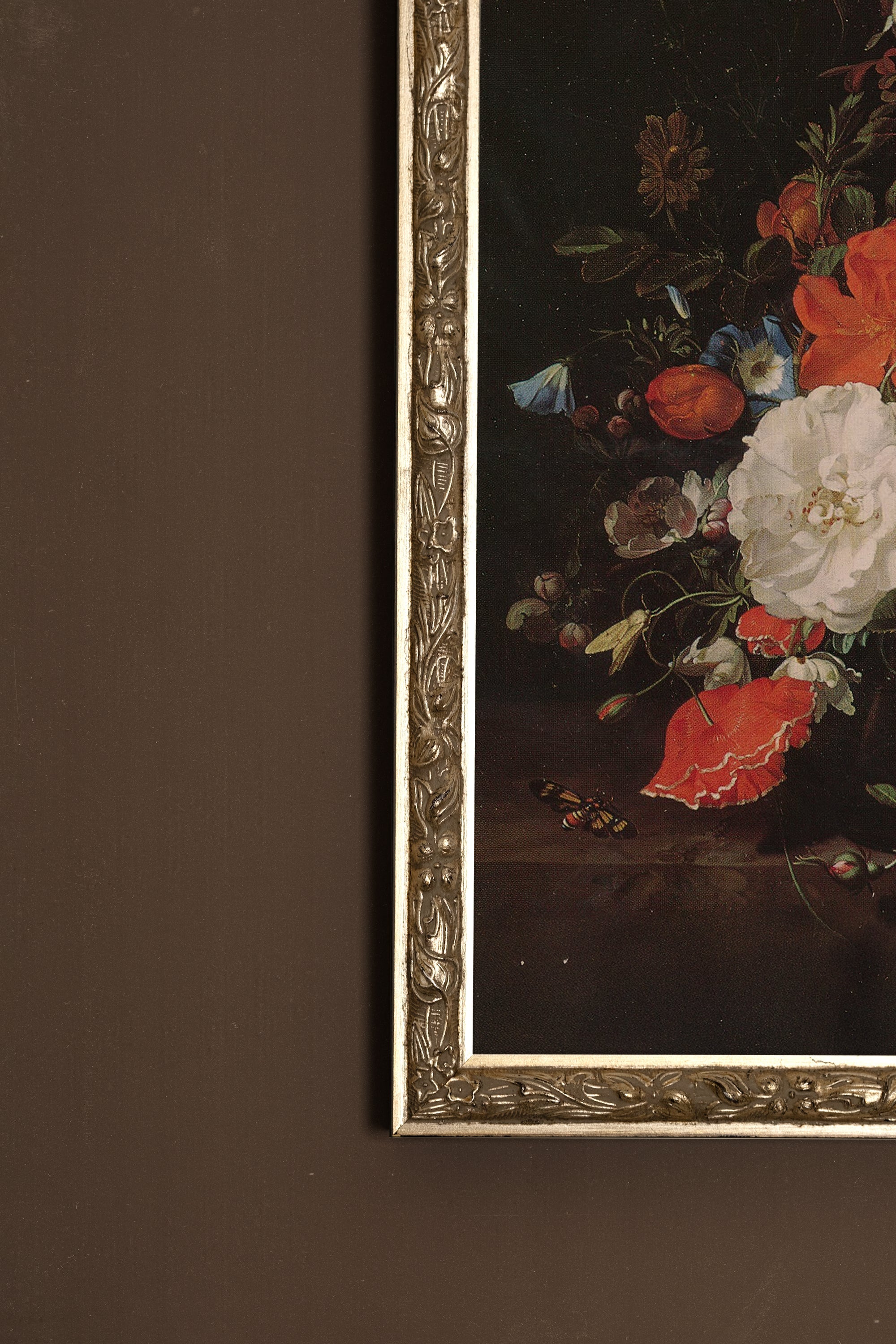 BOUQUET BAROQUE, Artwork on rigid canvas, framed Vintage Silver