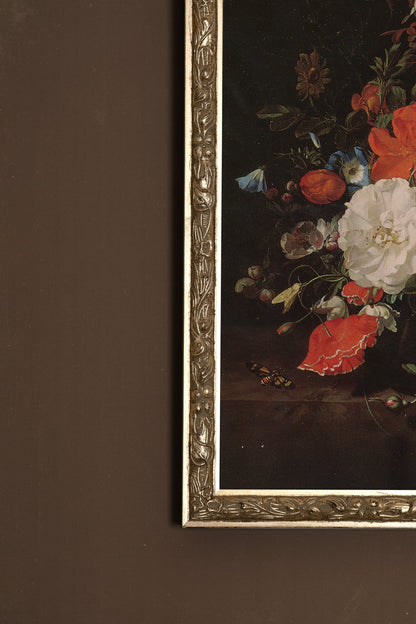 BOUQUET BAROQUE, Artwork on rigid canvas, framed Vintage Silver