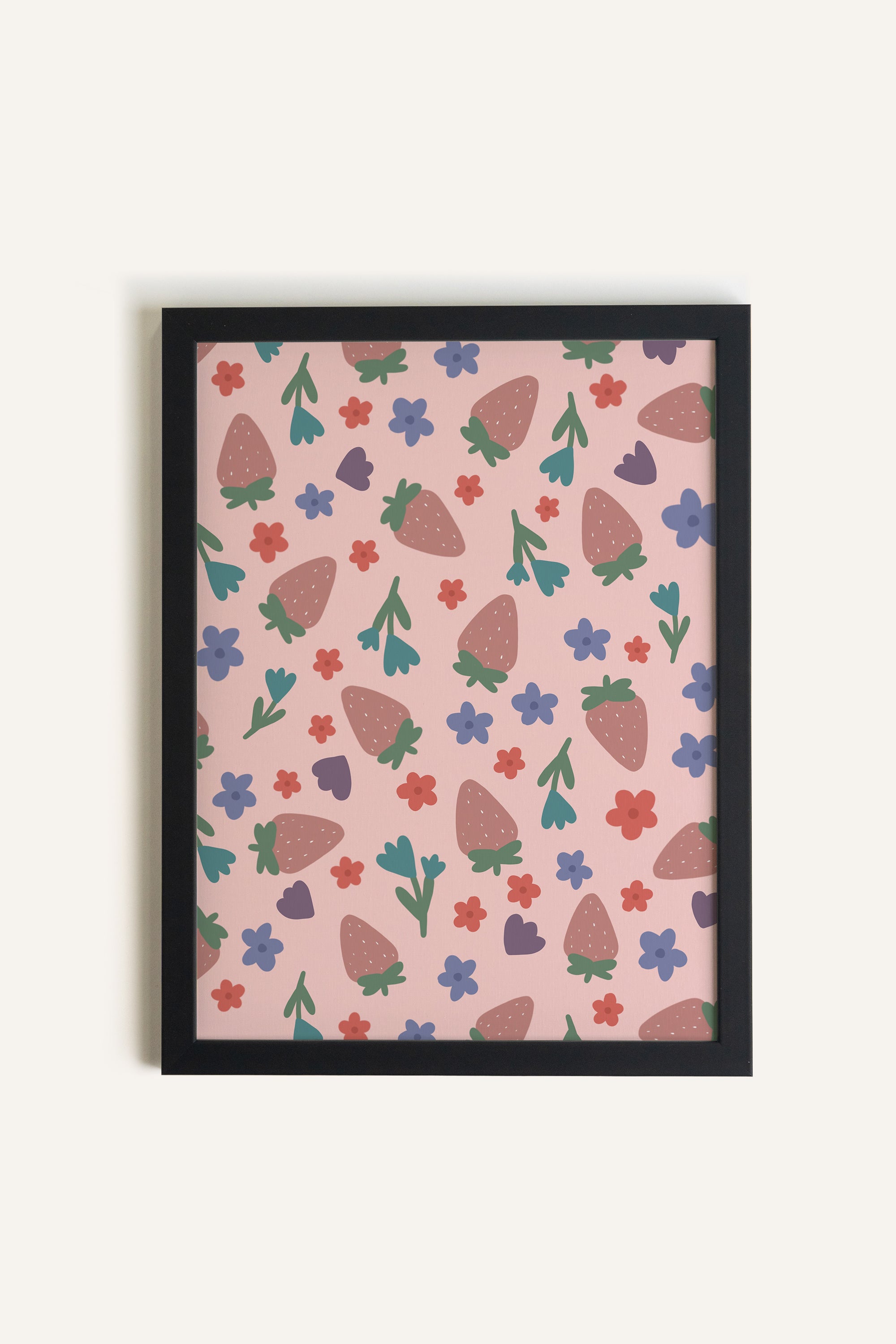 FRAISES EN FÊTE, Artwork on rigid canvas, framed in black