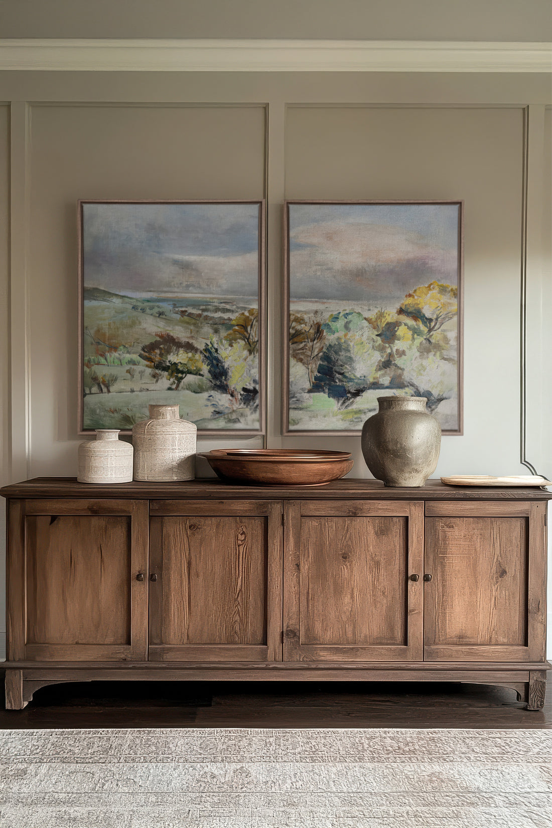 Drifting Light Duo, 2 Works on stretched canvas, framed Oak Brown