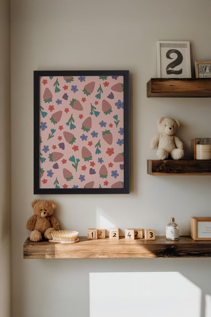 FRAISES EN FÊTE, Artwork on rigid canvas, framed in black