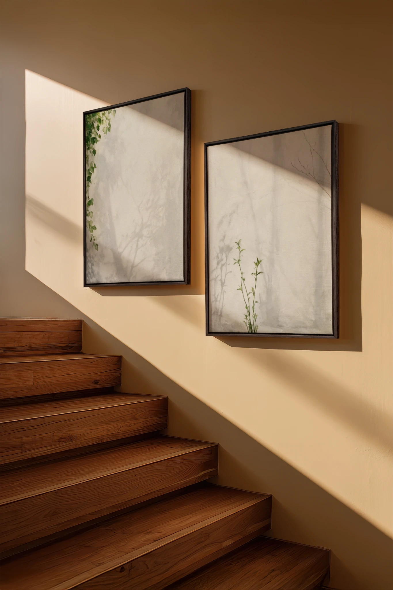 EMPREINTES DE LUMIÈRE DUO, 2 Artworks on stretched canvas, Walnut Brown frame