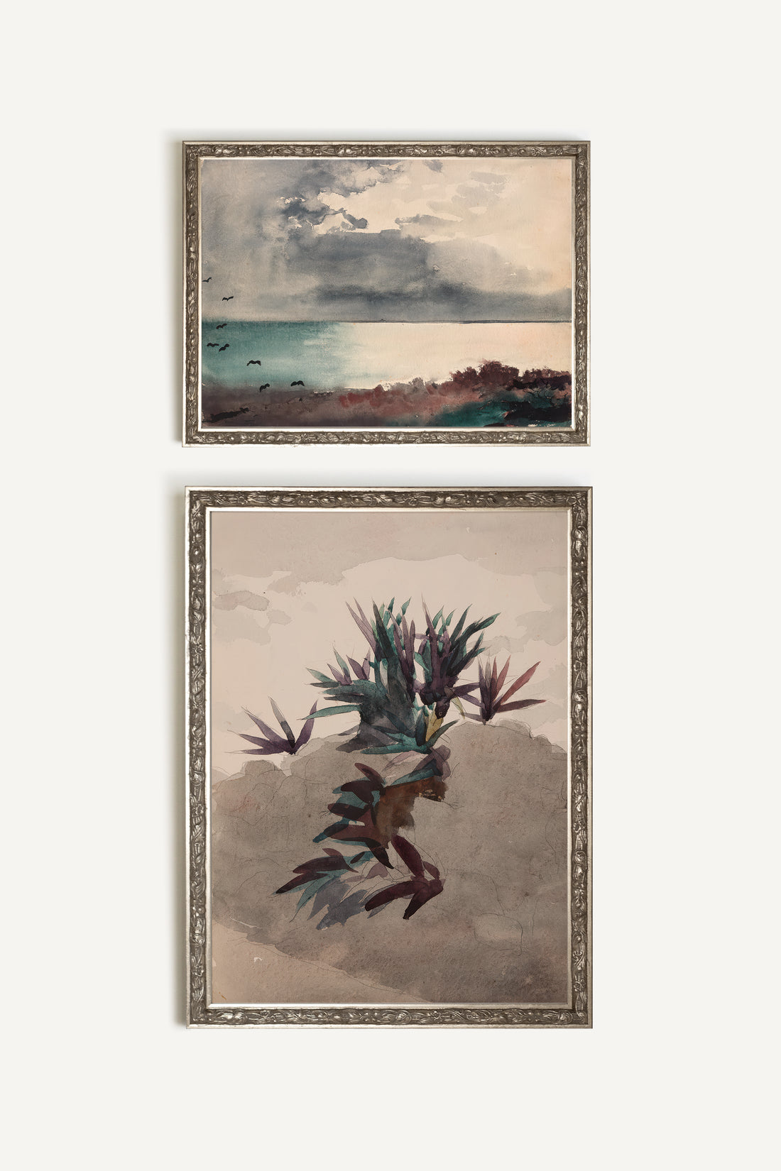 Flore du large Set, 2 works on rigid canvas, framed in silver