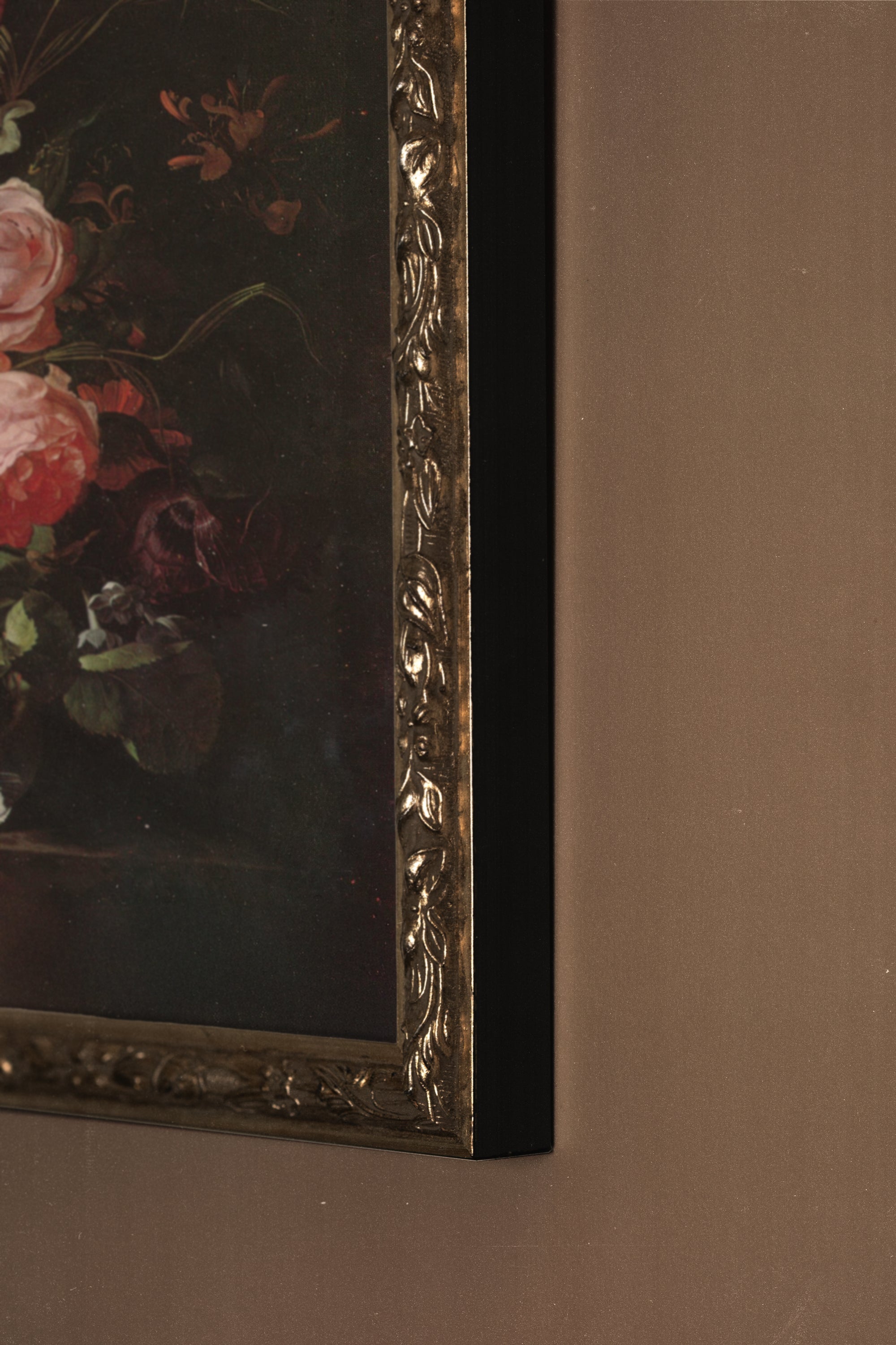 BOUQUET BAROQUE, Artwork on rigid canvas, framed Vintage Silver