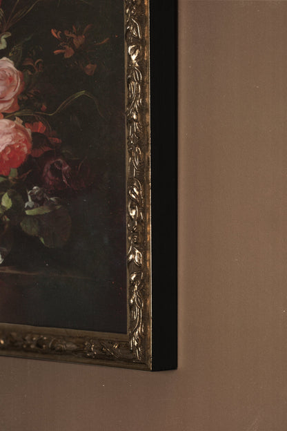 BOUQUET BAROQUE, Artwork on rigid canvas, framed Vintage Silver